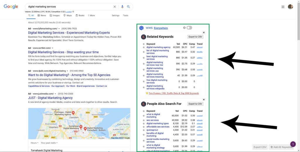 Keywords Everywhere - Search volumes in the SERP