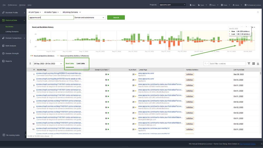 SEO Powersuite - SEO Spyglass - Historical Backlink Data